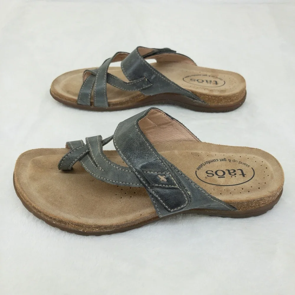 Taos Perfect Sandals Womens 7 Gray Leather Strappy Adjustable Comfort Thong